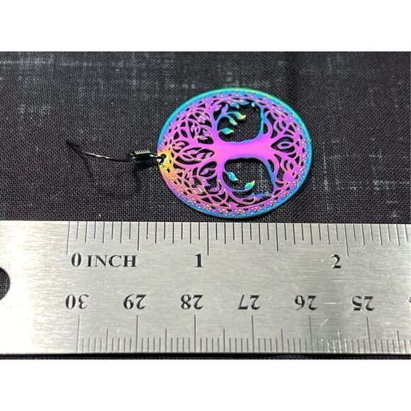 Iridescent Light Weight Tree of Life Brass Colored Fish Hook Stud Earrings - Picture 2 of 3